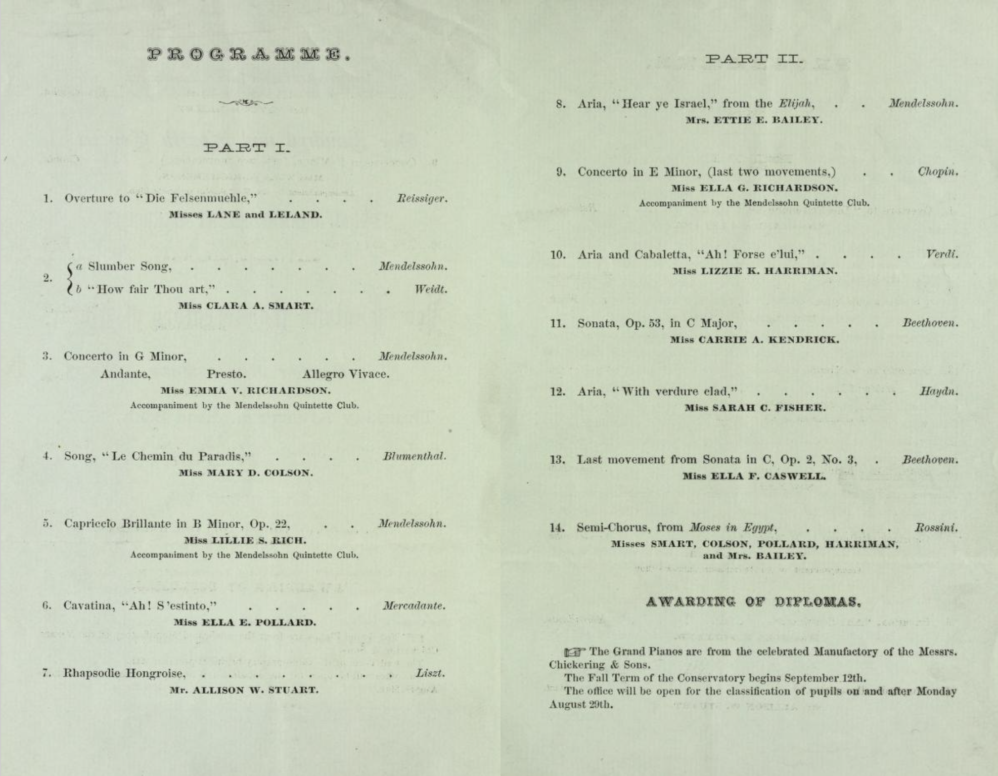 The program from New England Conservatory's first Commencement, courtesy of NEC Archives.